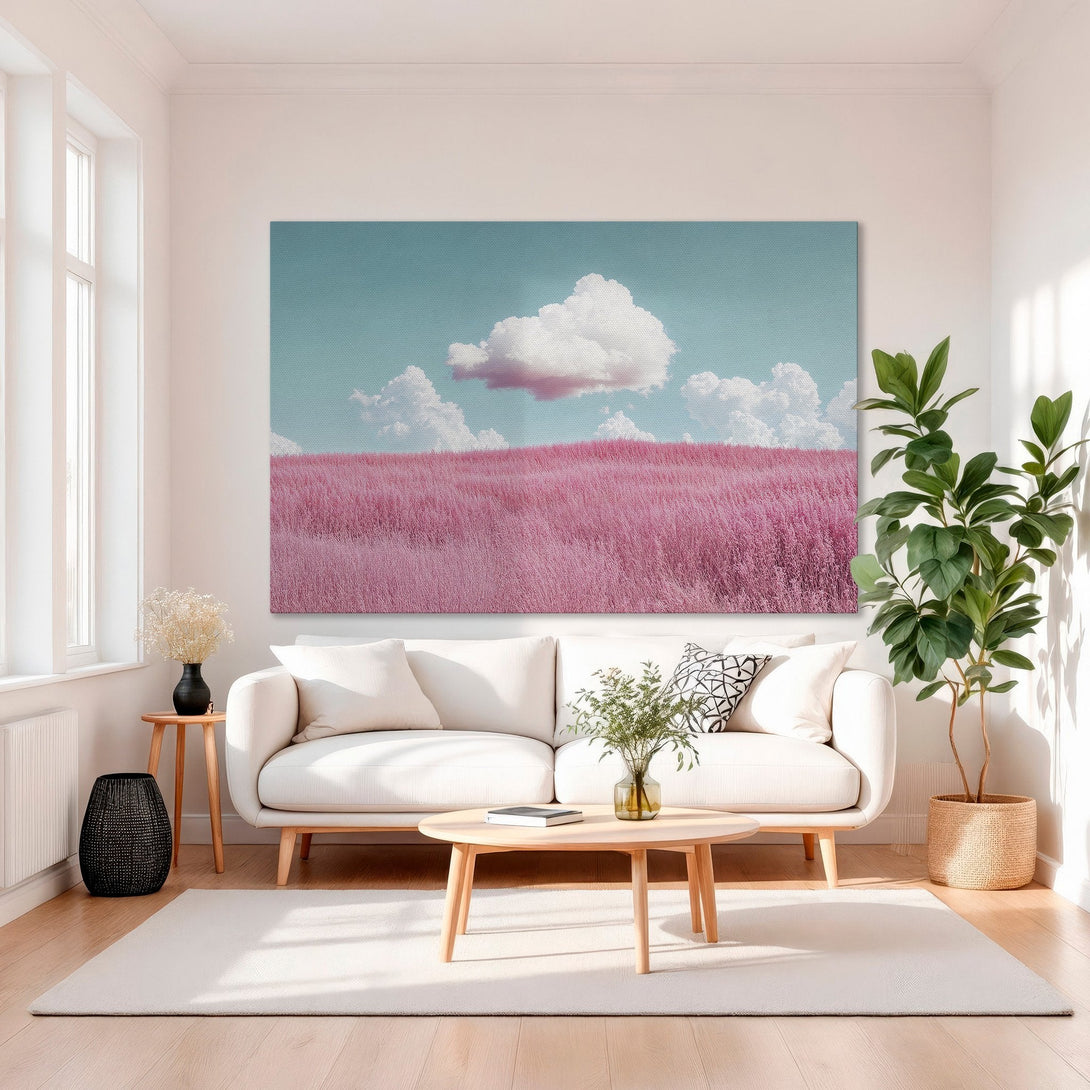 Framed Wall Art: Pink field landscape with blue sky and clouds. Modern canvas print with gold frame. Pastel color palette, perfect for home decor.