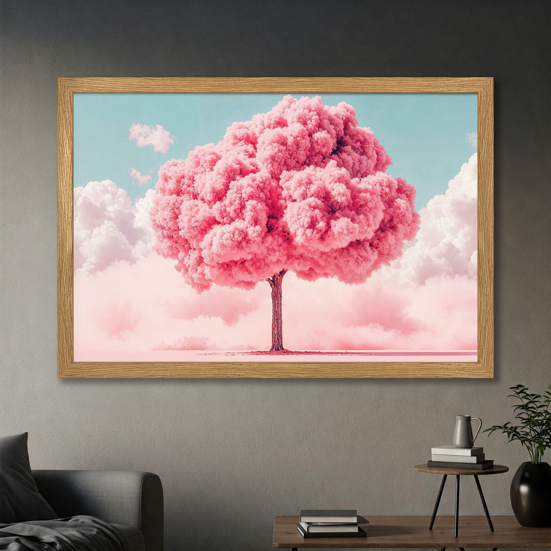 Framed Poster of a dreamy pink tree against a pastel sky. Modern art print in soft pinks and blues. Perfect wall decor.