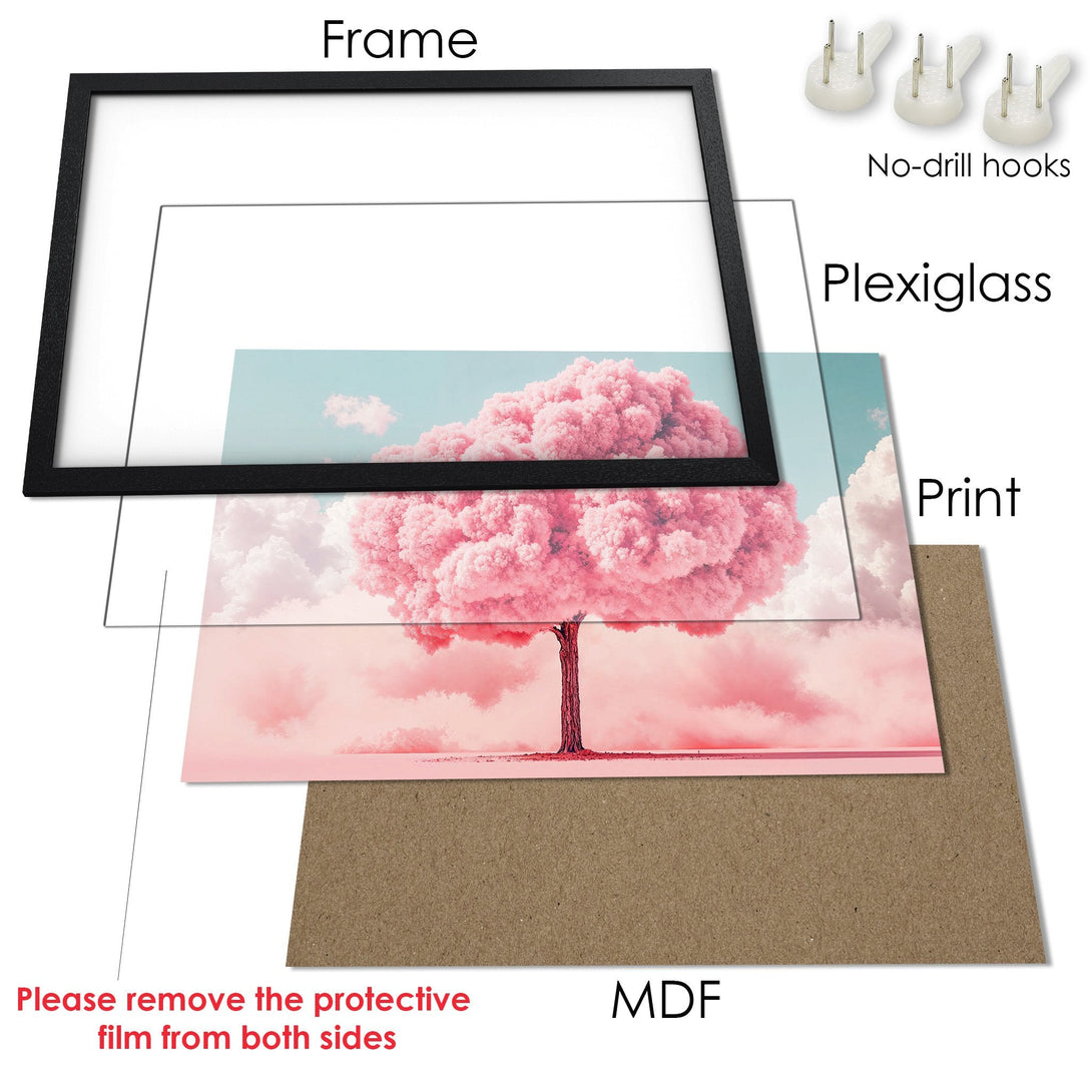 Framed Poster of a pink tree with a dreamy style and pastel color palette. Add a touch of serenity to your space!