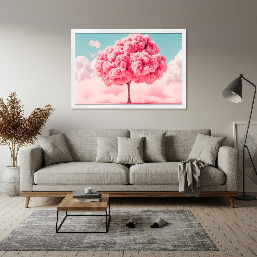 Framed Poster featuring a surreal pink tree against a blue sky. Dreamy art print with a soft, pastel color palette. Perfect wall decor.