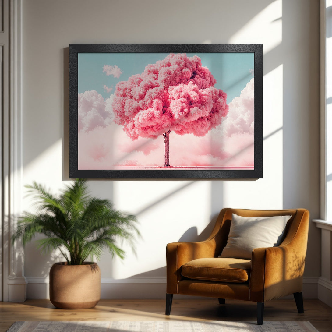 Framed Poster featuring a dreamy pink tree against a pastel sky. A beautiful art print in a modern style with a soft color palette.