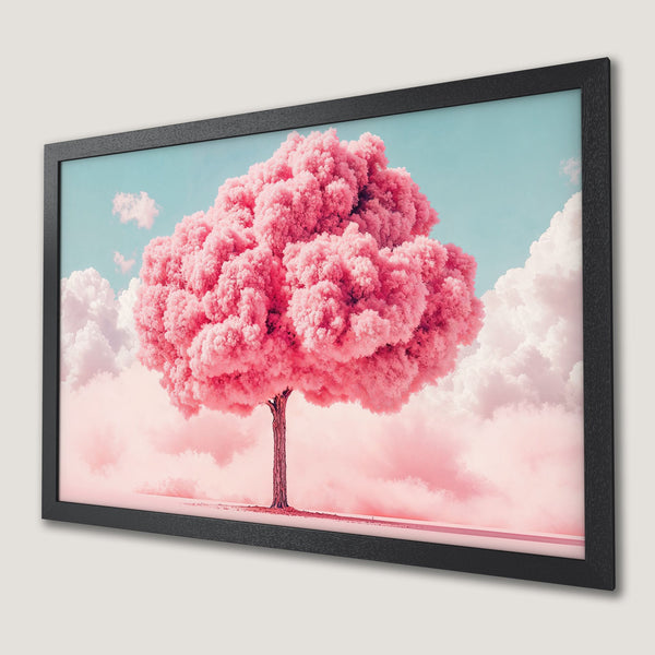 Framed Poster featuring a dreamy pink tree against a pastel sky. Modern art print with a soft, romantic color palette.