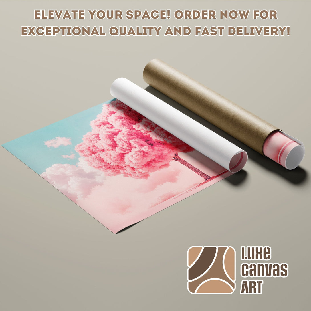 Poster Roll featuring a pink tree and sky, pastel color palette, perfect for your space.
