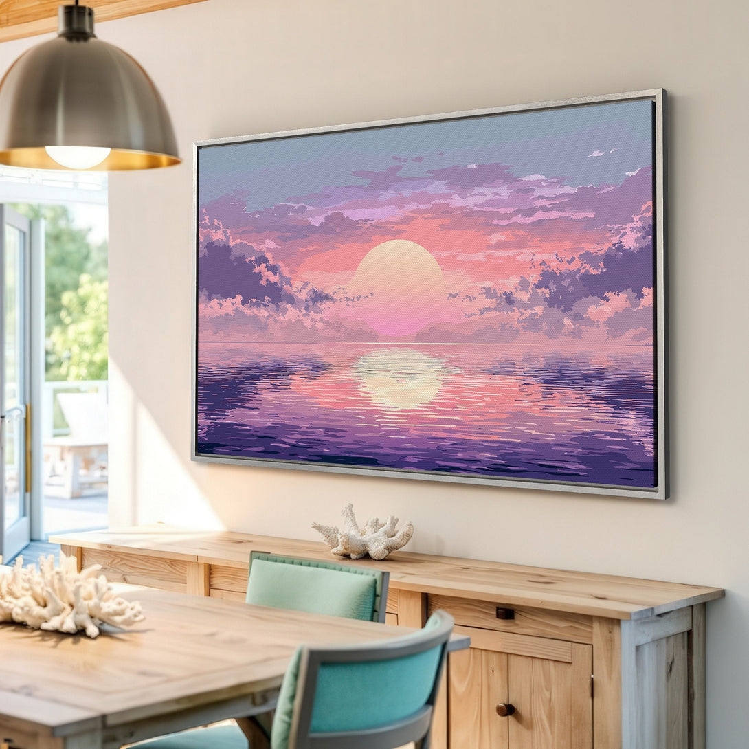 Framed Wall Art: Sunset over water canvas print in a modern interior. Featuring a purple, pink, and blue color palette. Perfect for home decor!