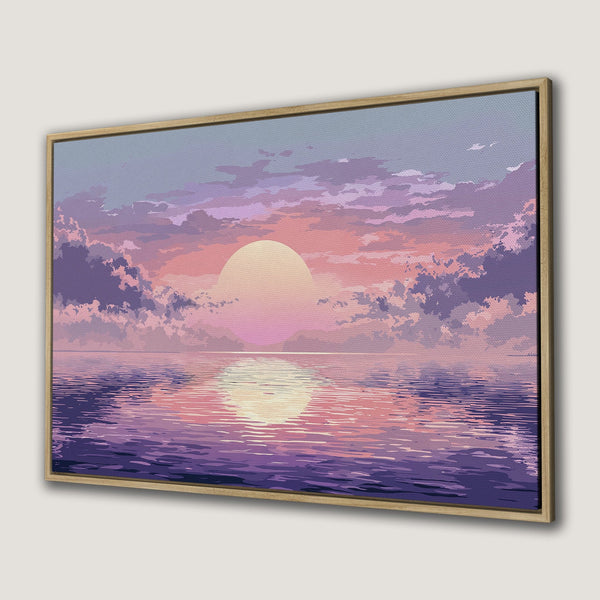 Framed Wall Art: Sunset over water canvas print. Pastel pink, purple, and blue color palette. Serene landscape art for your home.