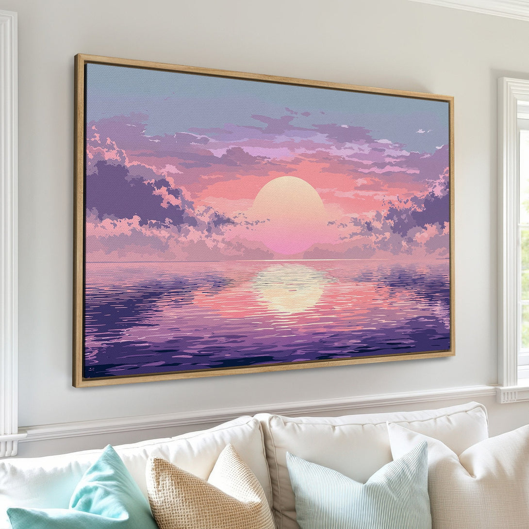 Framed Wall Art of a sunset over water in a pixelated style, with a purple and pink color palette, perfect for living room decor.