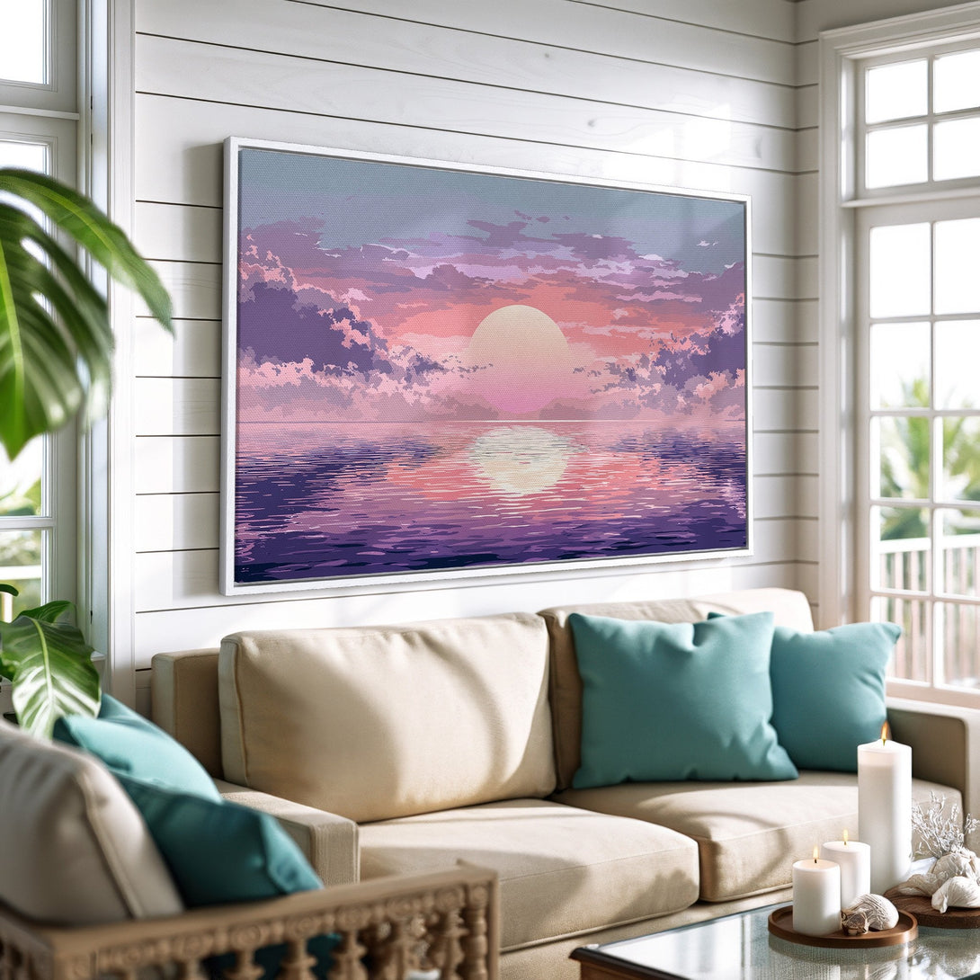 Framed Wall Art: Sunset over water canvas print in a coastal living room. Featuring a vibrant pink and purple color palette, perfect for home decor.