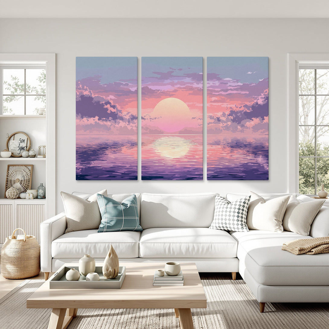 Canvas Print of a serene sunset over water, in a calming pastel color palette. A beautiful piece of wall art for any space.