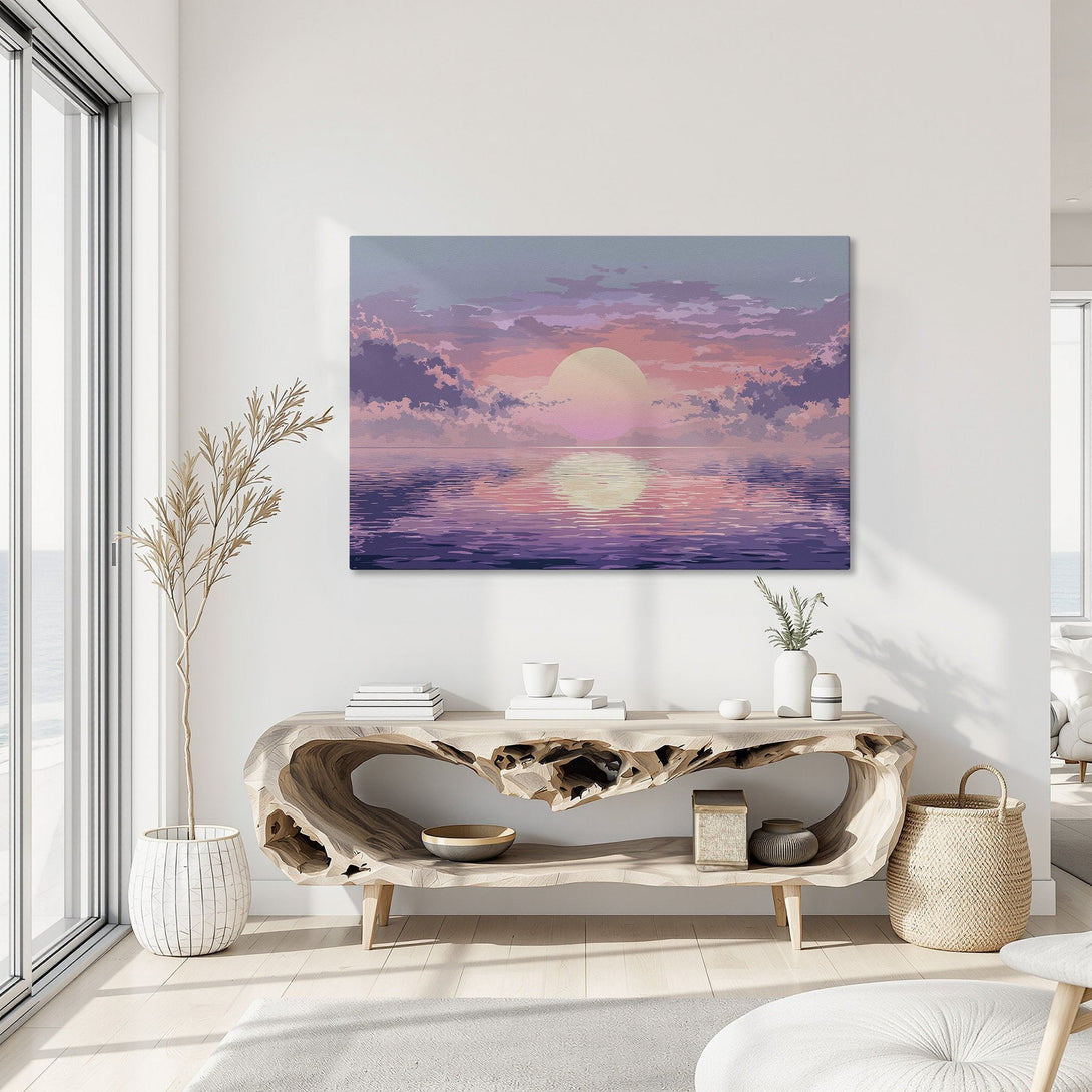Framed Wall Art of a sunset over water, in a pixelated style, with a purple and pink color palette. Perfect for modern home decor.