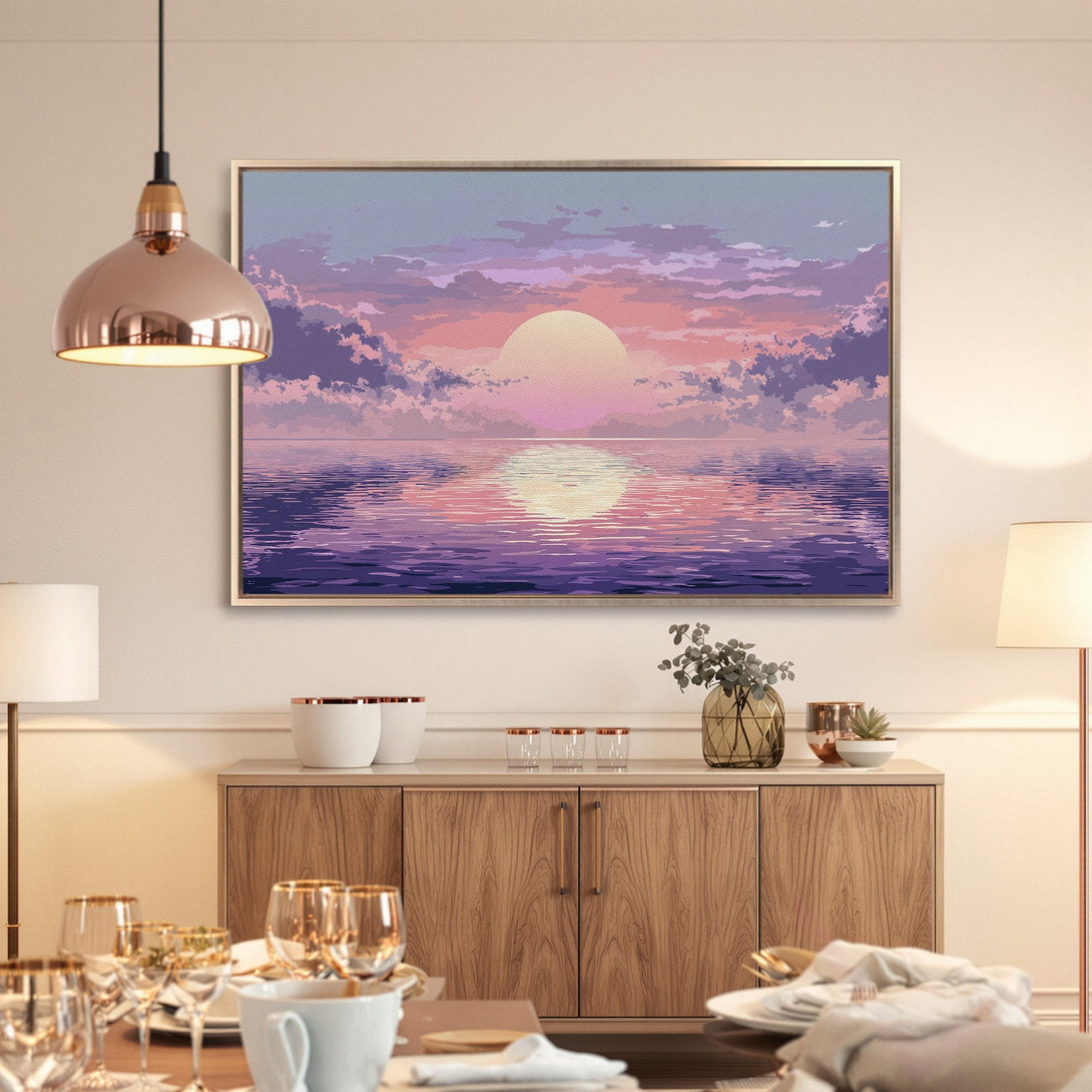 Framed Wall Art featuring a sunset over water, in a dreamy, pastel color palette. Perfect for adding a touch of serenity to your space.
