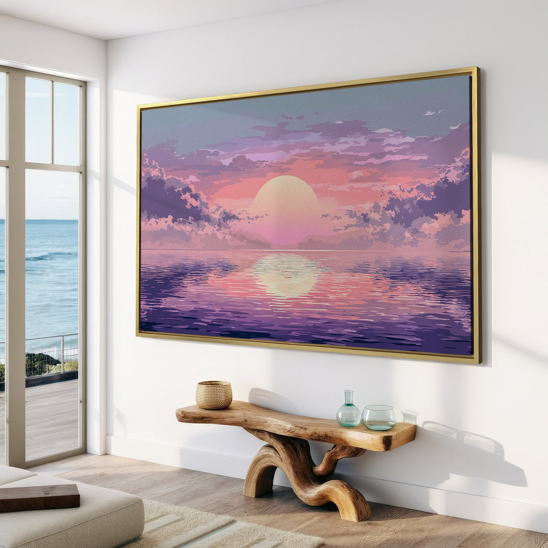 Canvas Print of a serene sunset over water, rendered in a dreamy, pastel color palette. Perfect wall art for a calming interior.