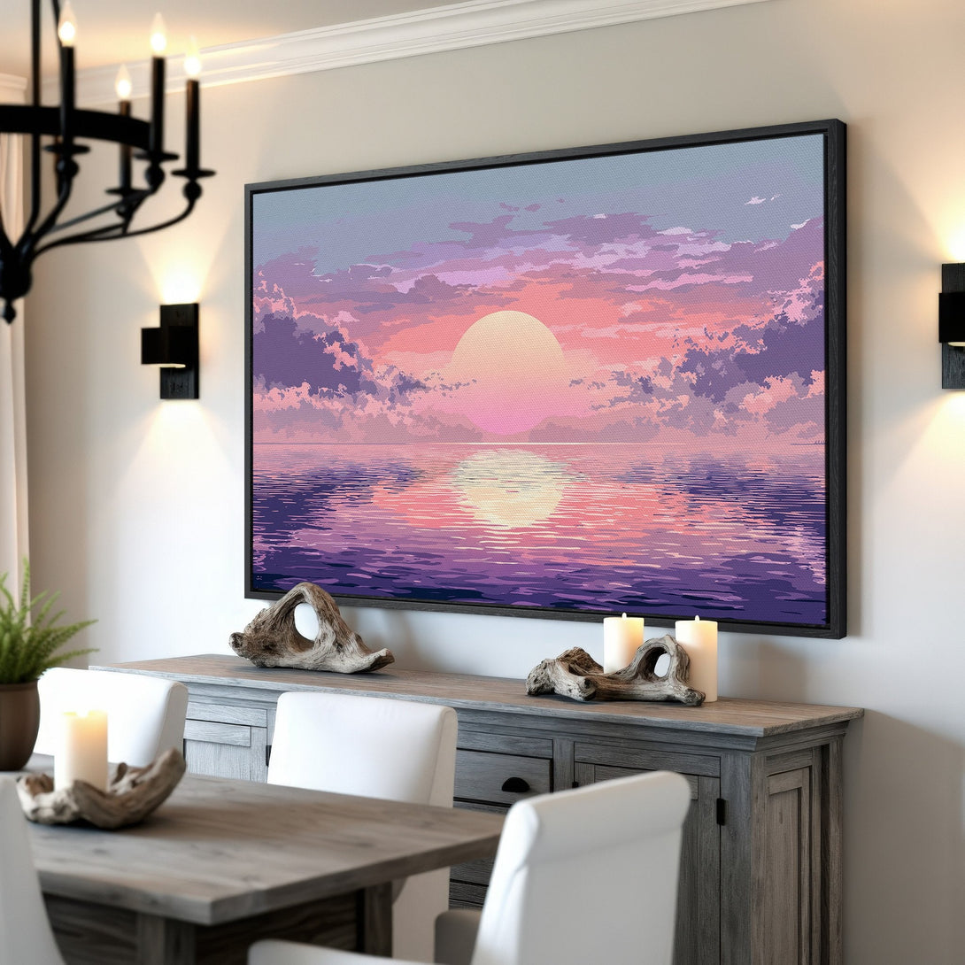 Framed Wall Art: Sunset over water canvas print in pink and purple hues, perfect for adding a calming touch to any interior space.