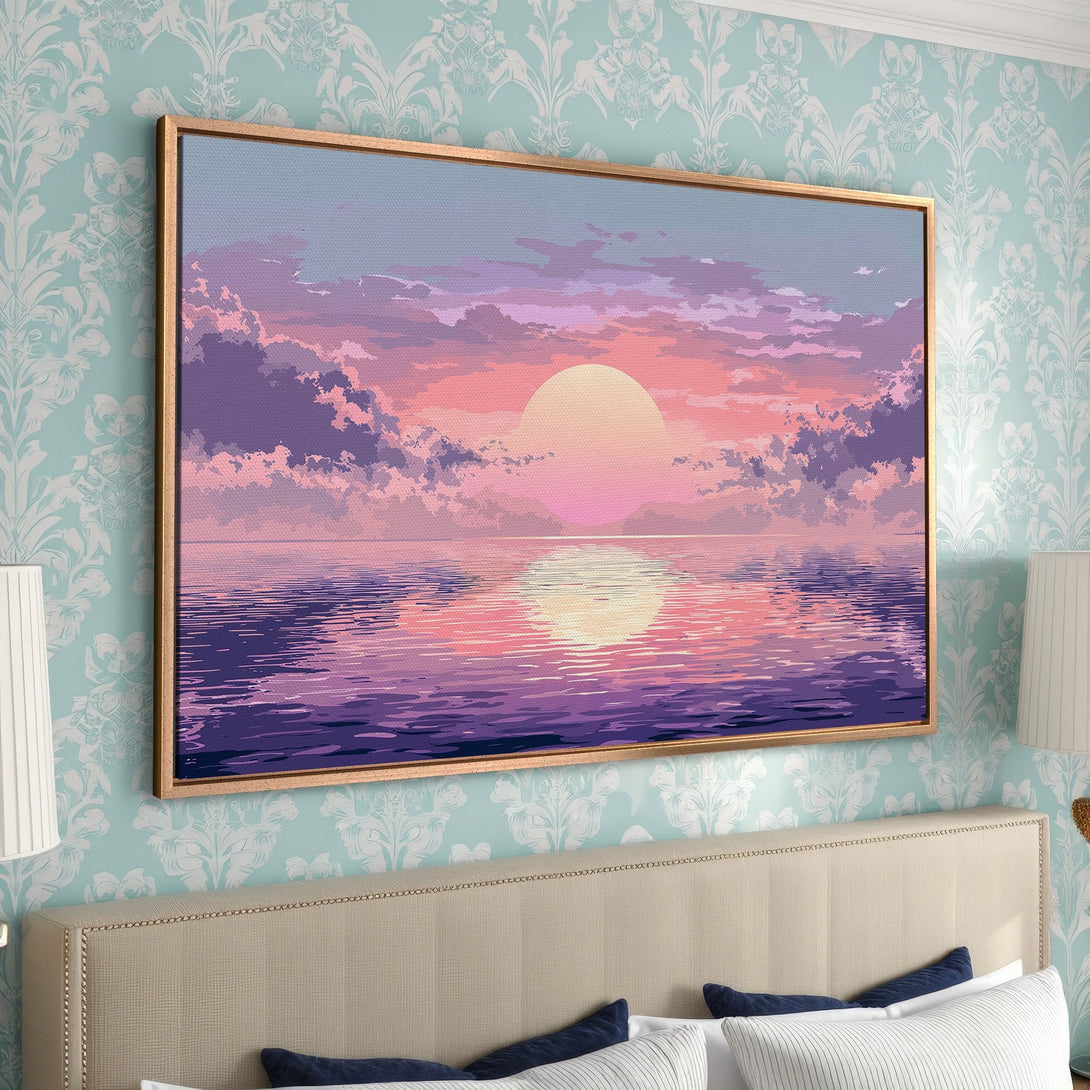 Framed Wall Art: Sunset over water in a pixelated style. Purple, pink, and blue color palette. Perfect for bedroom decor.