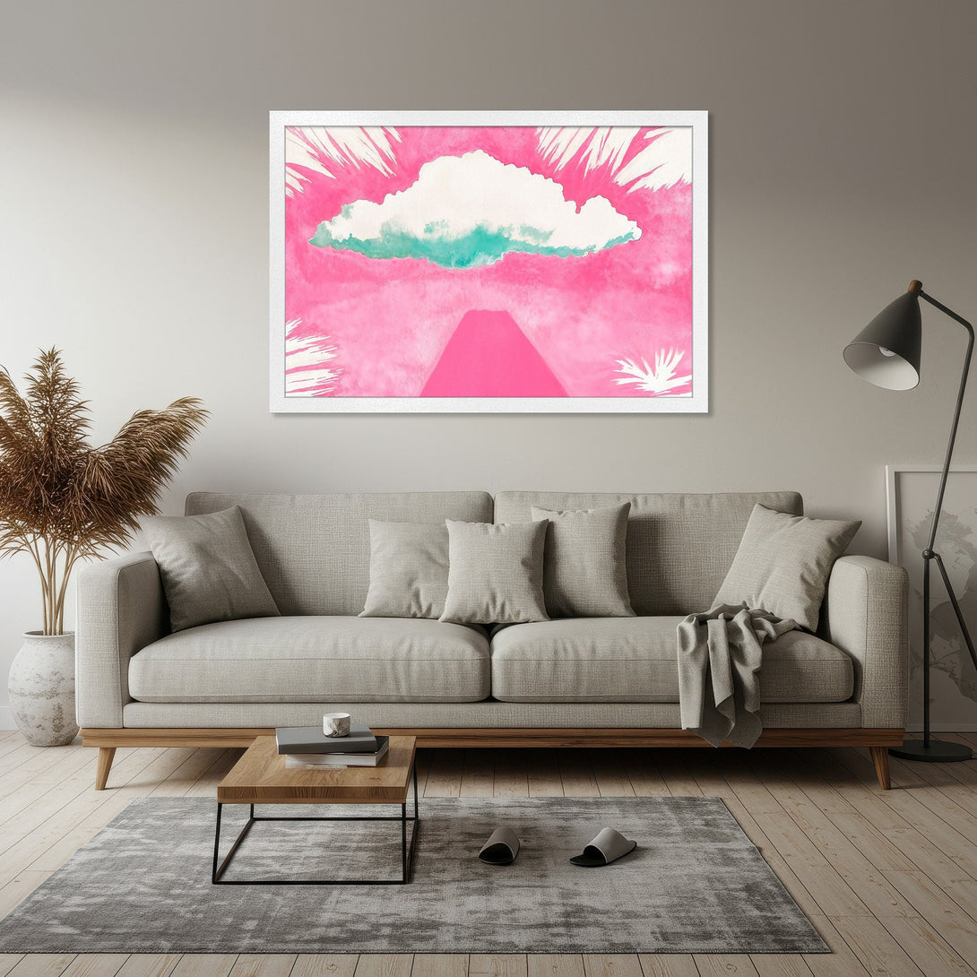 Framed Poster featuring a vibrant pink cloudscape art print. Modern style with a bold pink, white, and teal color palette. Add a pop of color to your home!