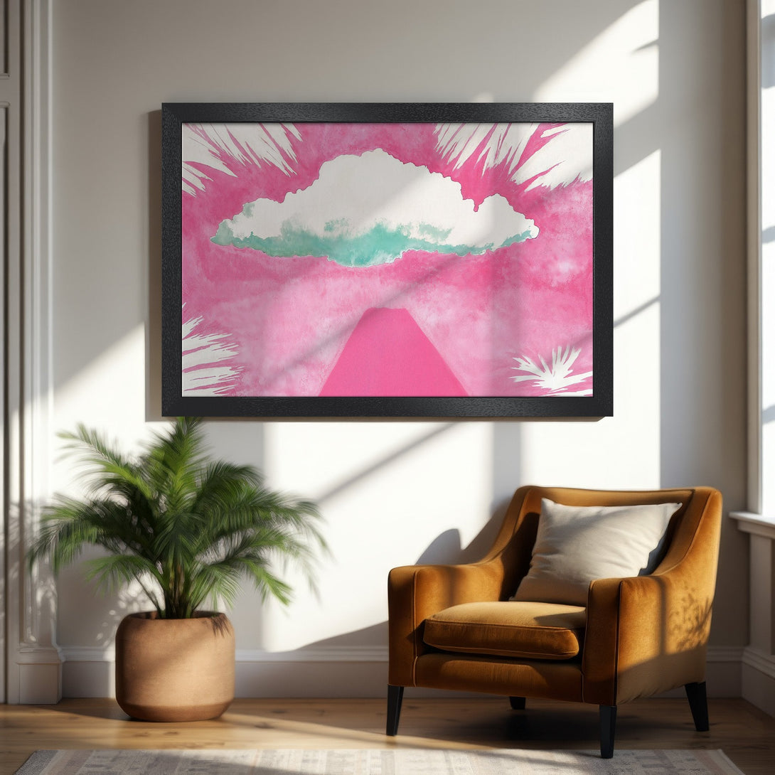 Framed Poster featuring abstract cloud art in pink and teal. Modern style, perfect for home decor. Add a pop of color!