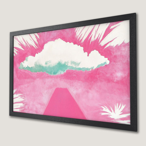 Framed Poster featuring a cloudscape in pink and white, modern art style. Add a pop of color to your space!