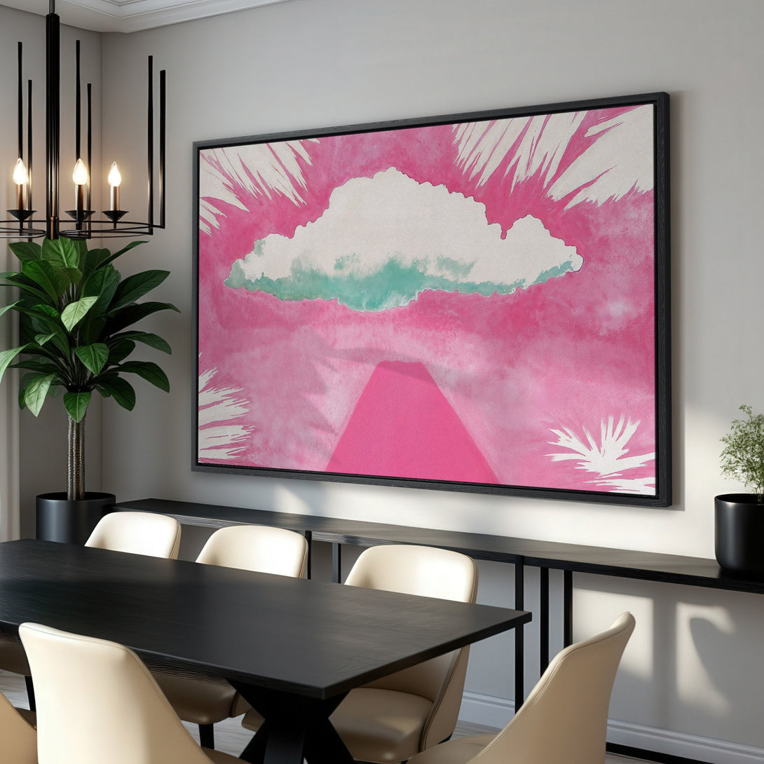 Framed Wall Art featuring a vibrant abstract cloud painting in pink, white, and teal. Modern art for home decor, perfect for a pop of color.