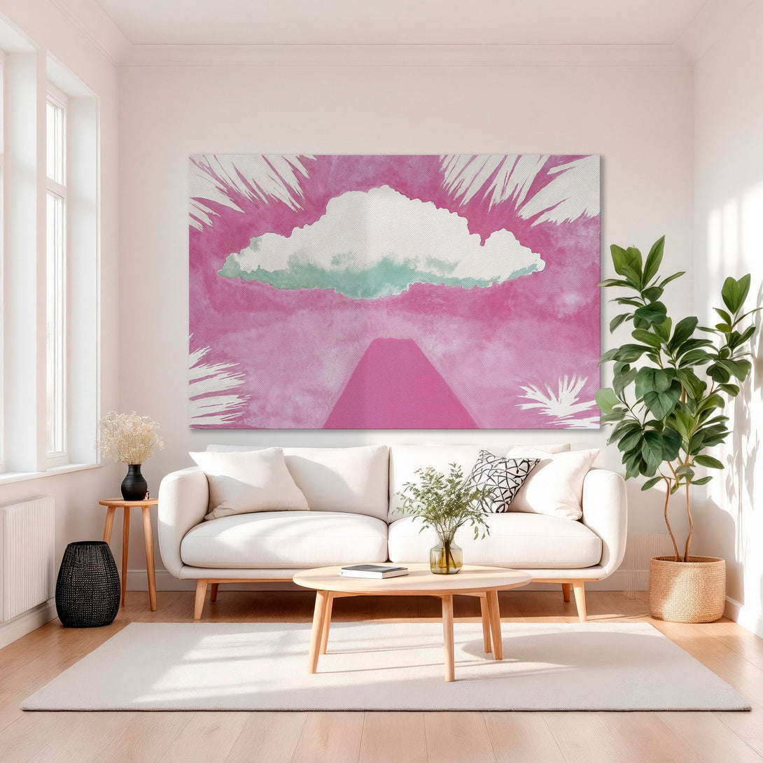 Framed Wall Art featuring a vibrant abstract cloudscape in pink and teal, adding a pop of color to a modern living room.