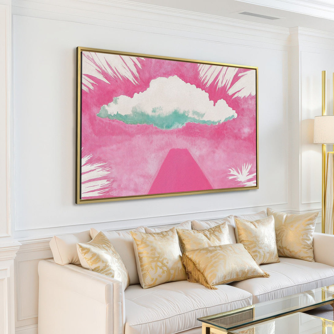 Canvas Print: Abstract cloud art in pink and white, displayed in a modern living room. Add a pop of color to your space with this stylish wall art!