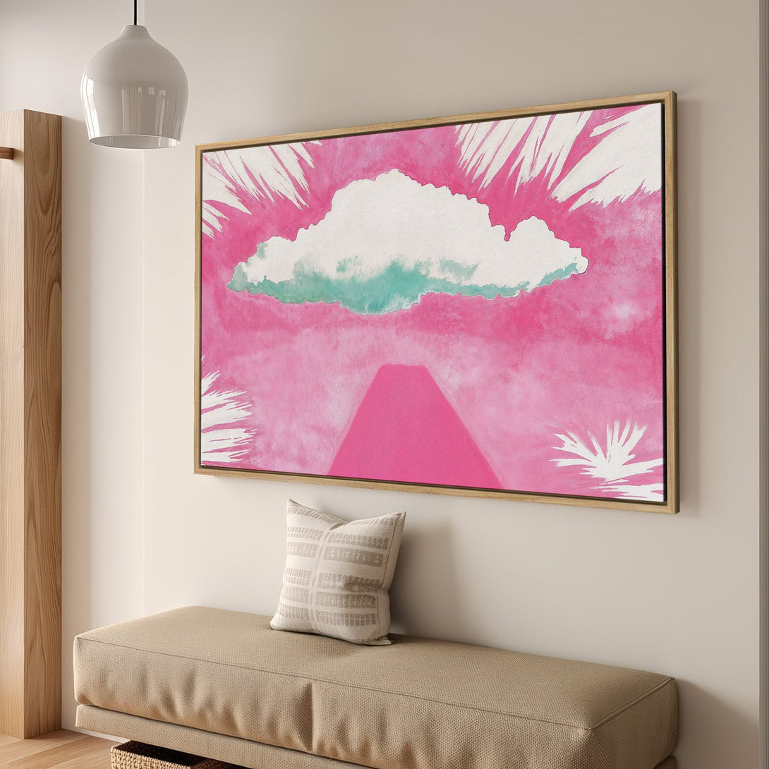 Framed Wall Art featuring a vibrant abstract cloudscape in pink and teal. Modern style Canvas Print adds a pop of color to any space.