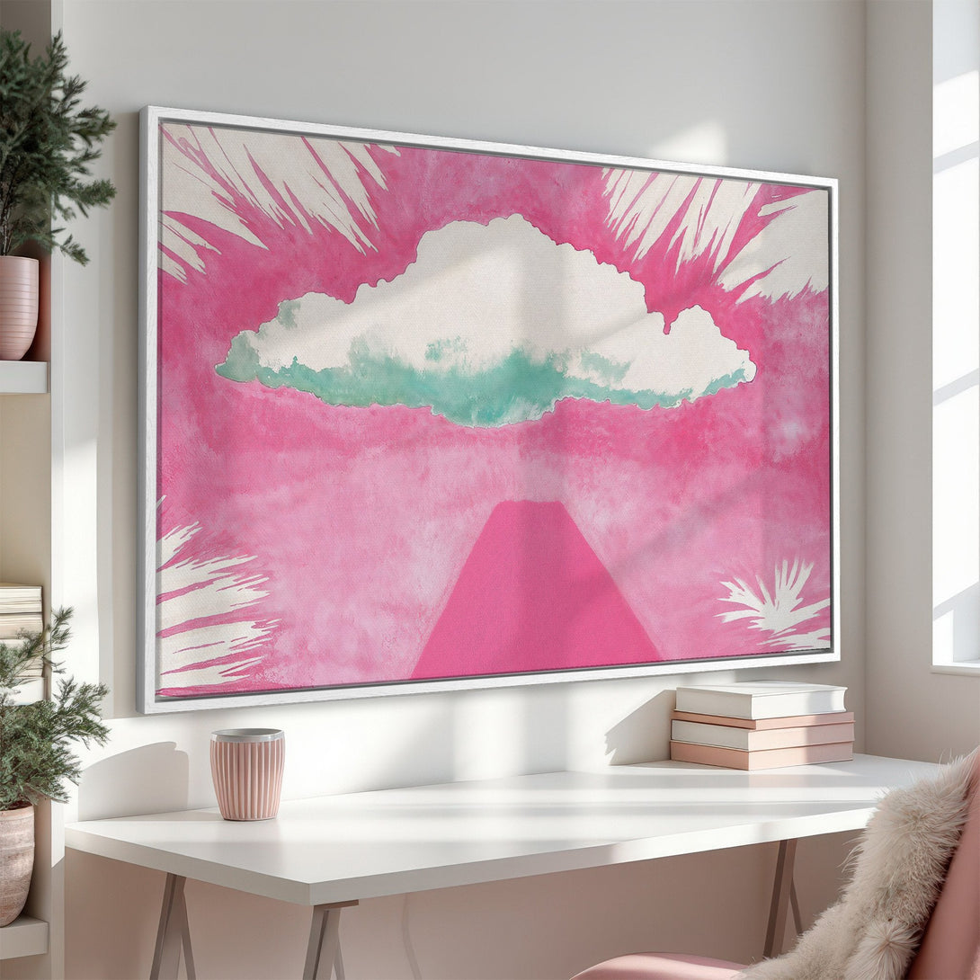 Framed Wall Art featuring a vibrant pink abstract cloudscape painting. Modern style with a bold pink and teal color palette. Perfect for adding a pop of color!