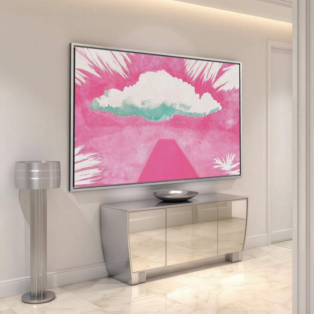 Framed Wall Art featuring a vibrant pink and teal abstract cloudscape. Modern art style, perfect for adding a pop of color to any interior.