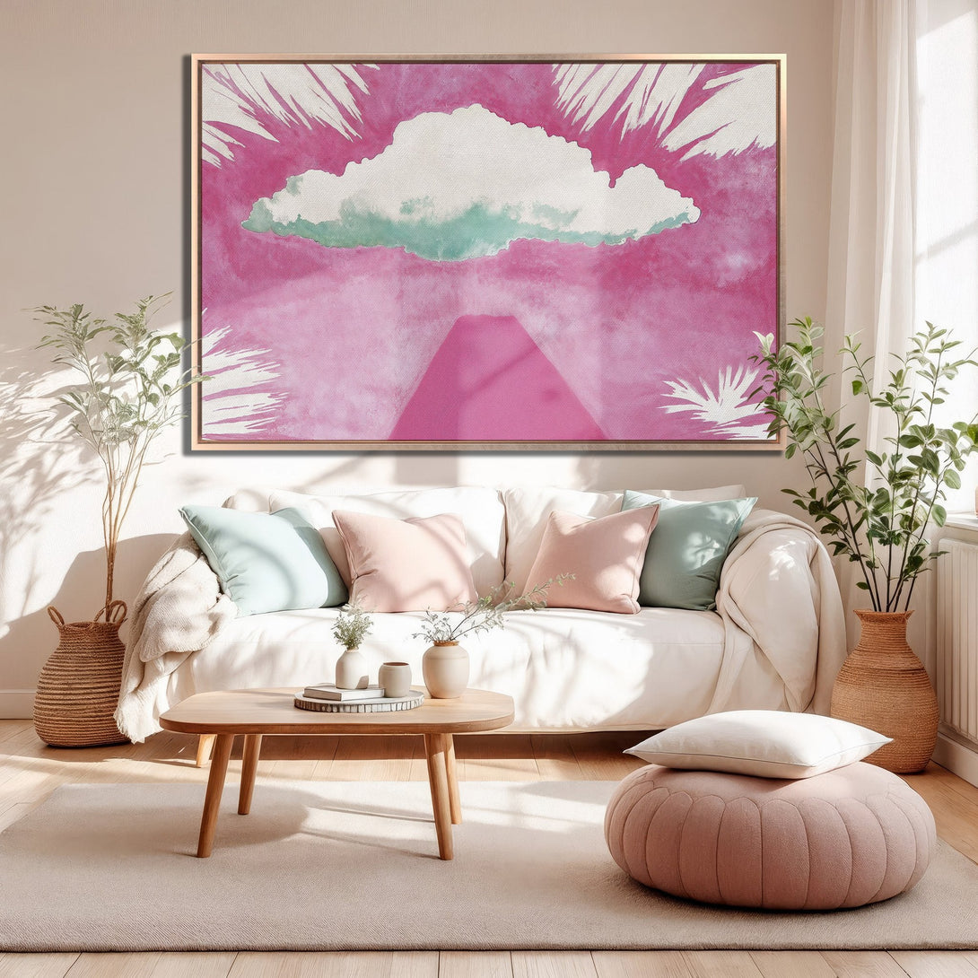 Framed Wall Art featuring a pink and teal abstract cloudscape, perfect for adding a pop of color to any living room. Modern style, soft color palette.