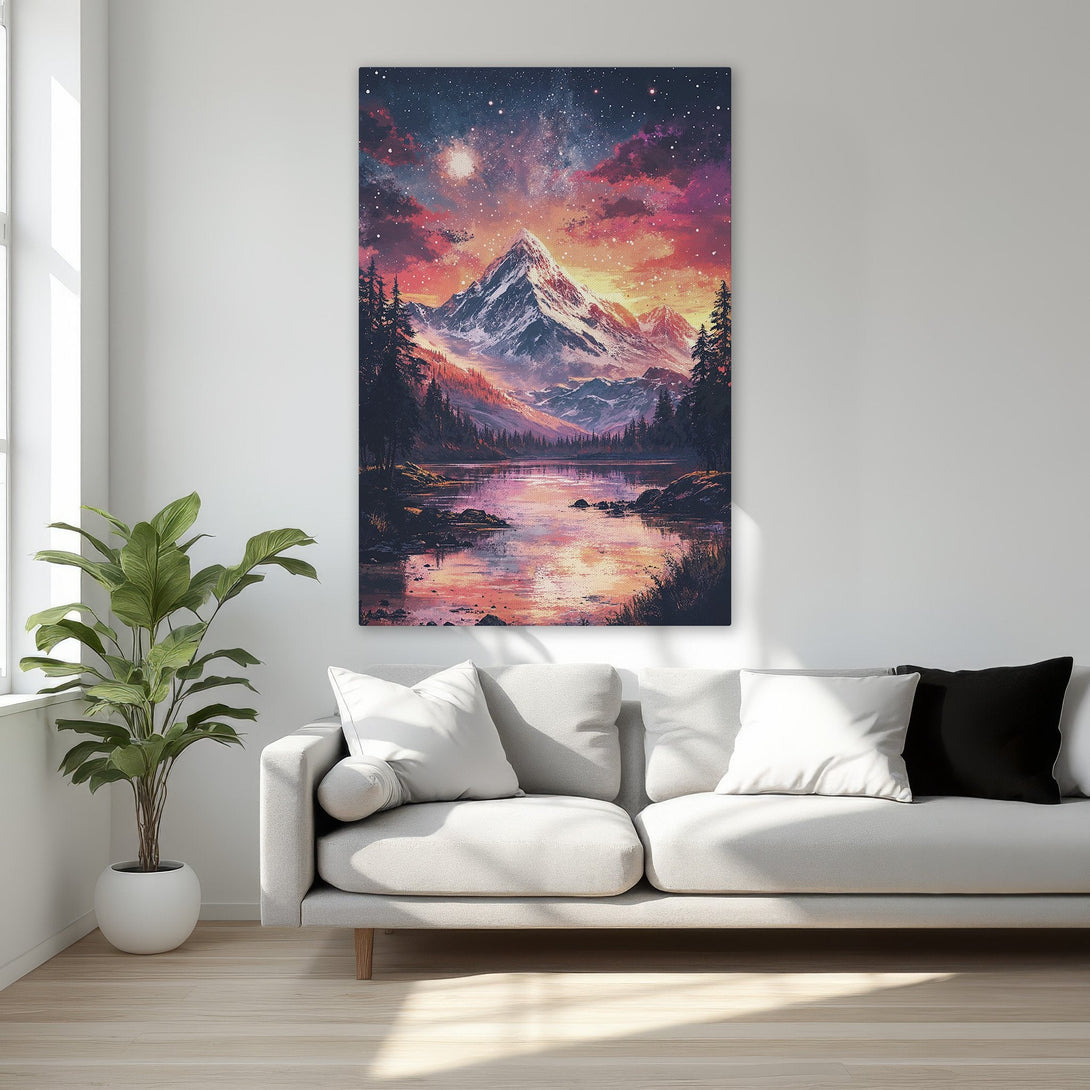 Framed Wall Art featuring a mountain landscape with vibrant sunset colors. Perfect for adding a touch of nature and warmth to your home decor.