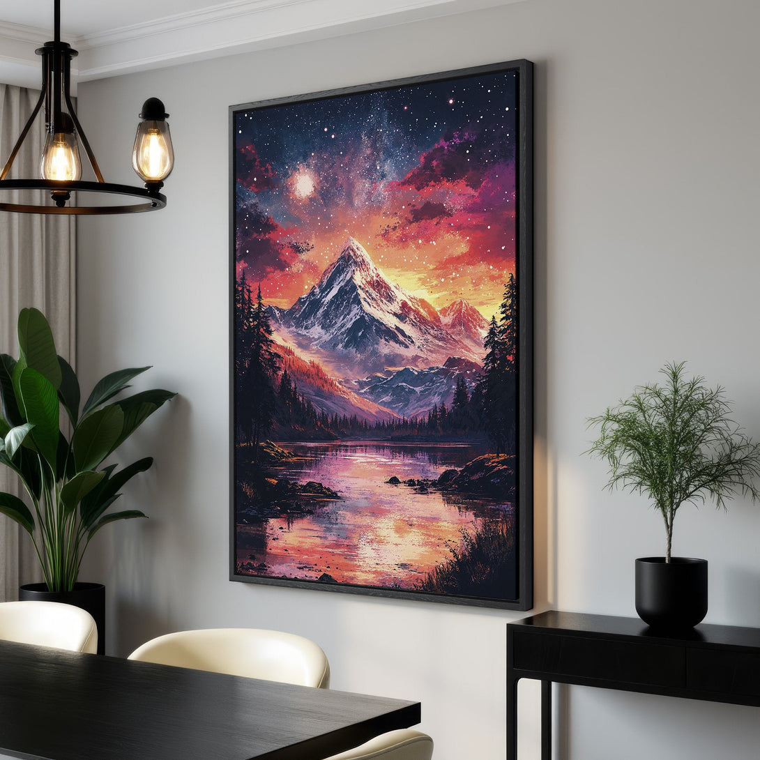 Framed Wall Art: Majestic mountain landscape Canvas Print with vibrant sunset colors. Perfect for adding a touch of nature and artistic flair to your home decor.