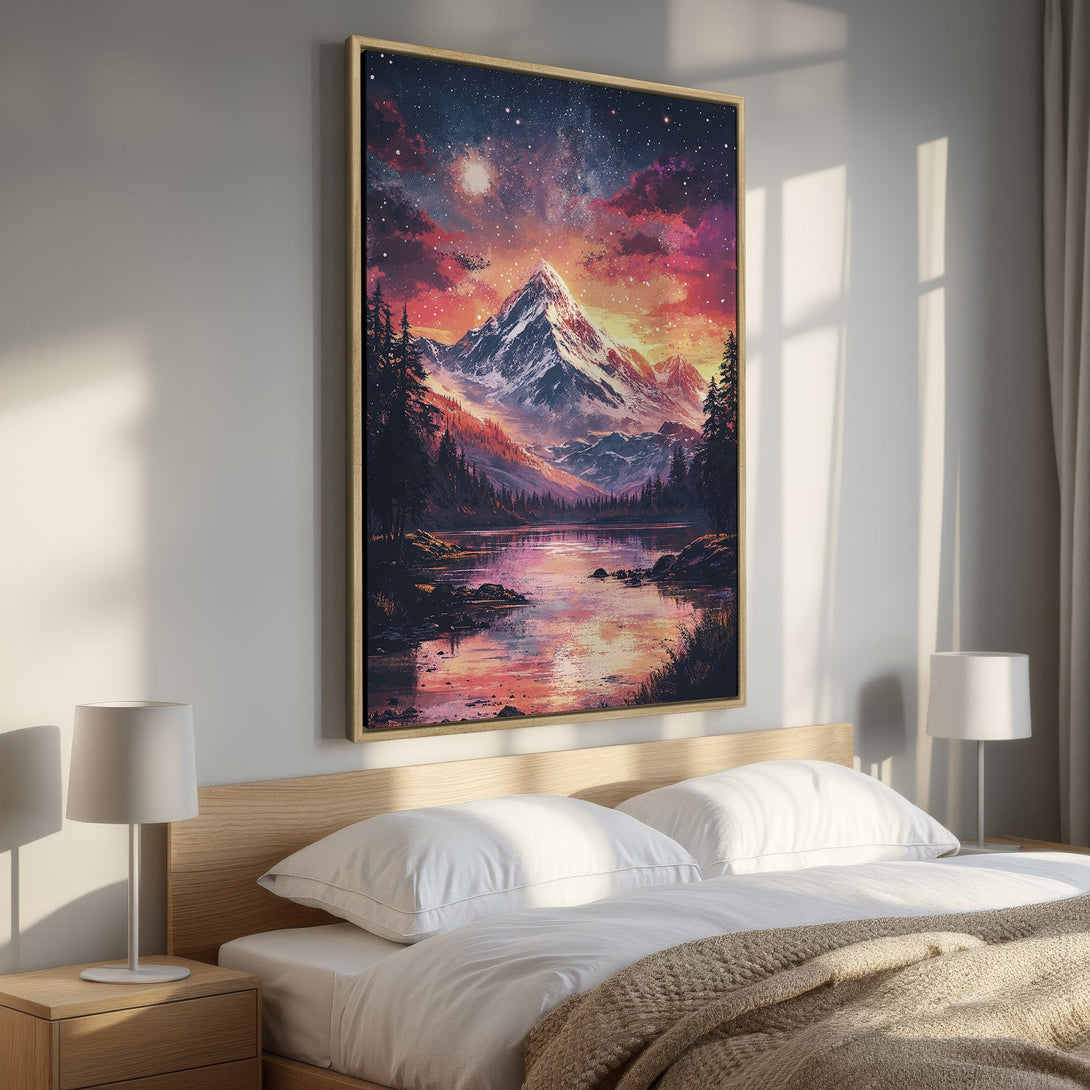 Framed Wall Art: Mountain landscape canvas print with vibrant sunset colors. Perfect bedroom decor, featuring a stunning starry sky and serene lake scene.