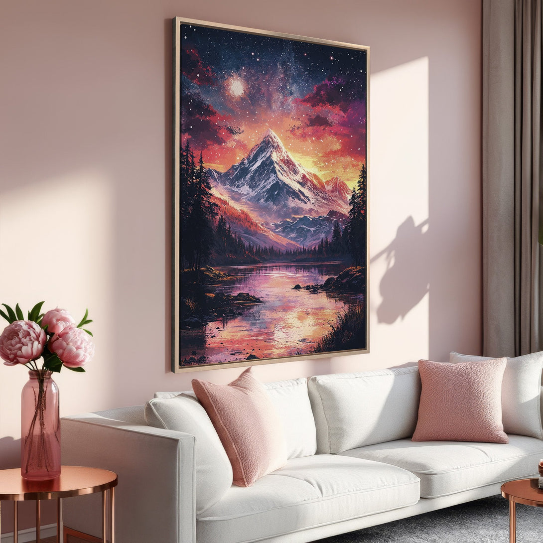 Framed Wall Art: Mountain landscape Canvas Print with vibrant sunset colors. Stunning wall decor in a modern interior with pink and gold accents.