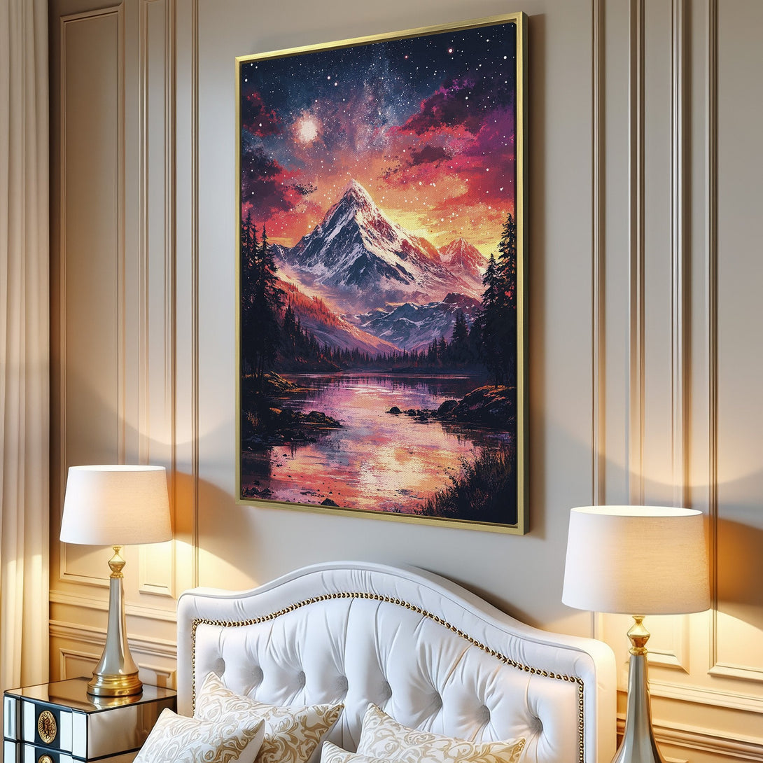 Canvas Print of a mountain landscape with a vibrant sunset, featuring a dreamy style and a warm, colorful palette. Perfect for home decor.