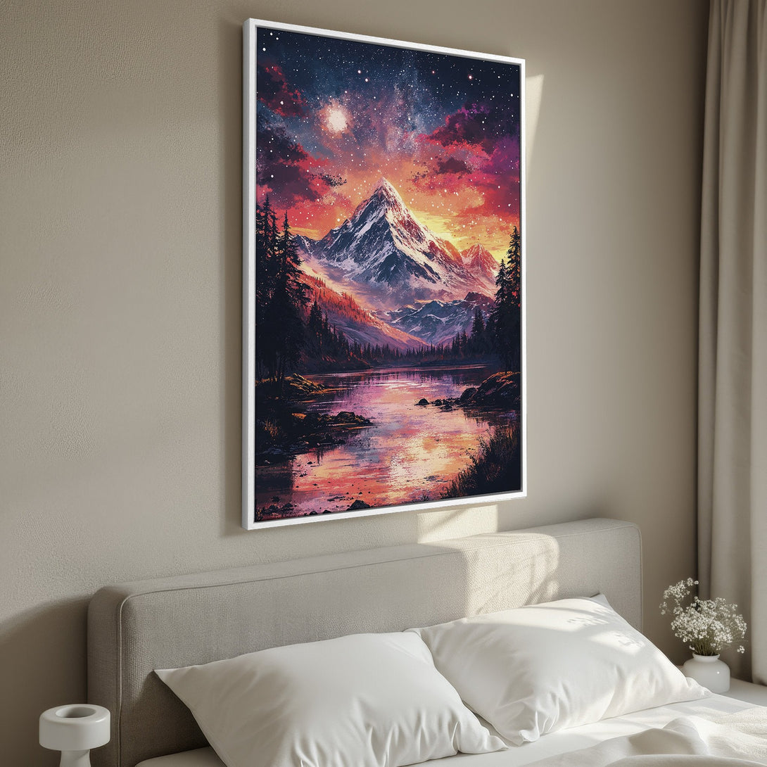 Framed Wall Art: Mountain landscape Canvas Print with vibrant sunset colors. Perfect for bedroom decor, featuring a dramatic sky and serene lake.