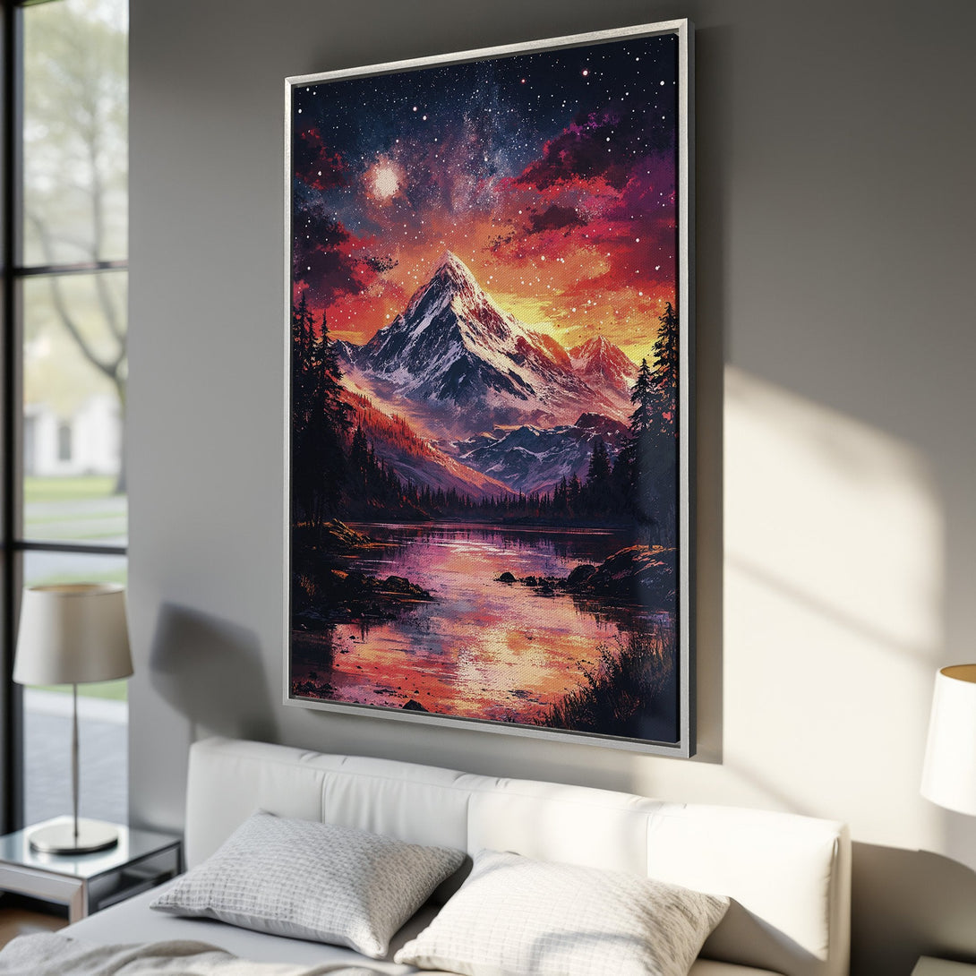 Framed Wall Art: Majestic mountain landscape Canvas Print with vibrant red, orange, and blue color palette. Perfect for adding a touch of nature and art to your home decor.