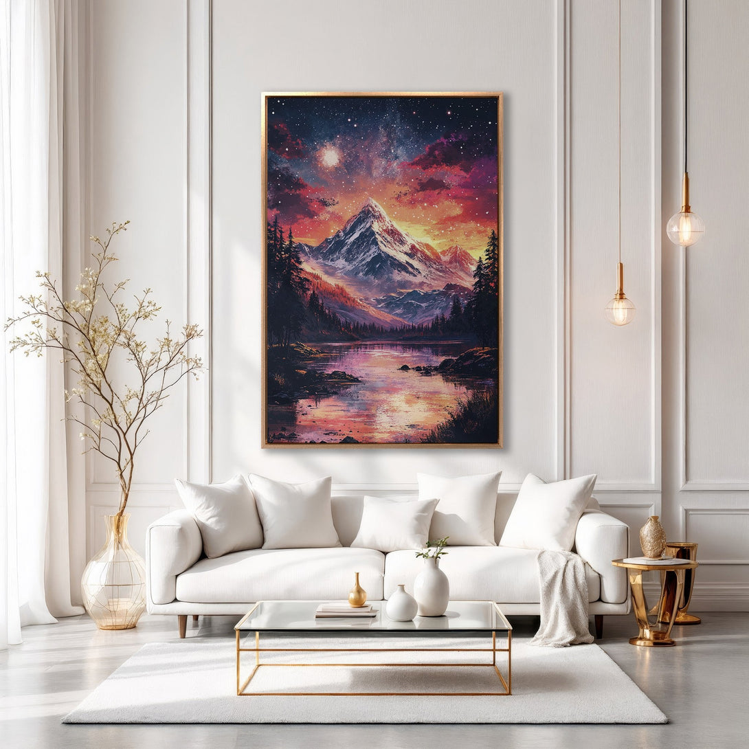 Framed Wall Art: Majestic mountain landscape Canvas Print in warm sunset colors. Perfect for adding a touch of nature and style to your living room decor.