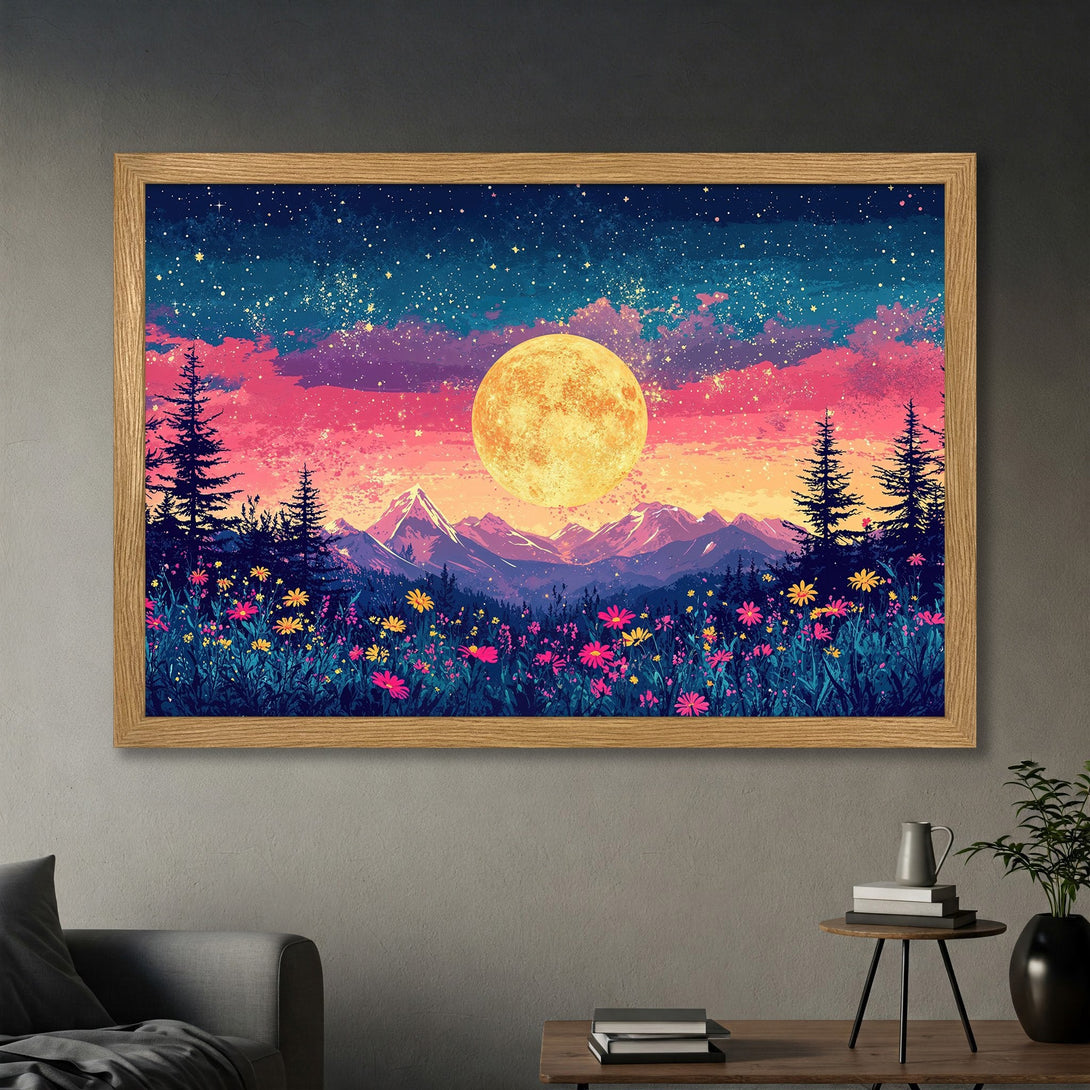 Framed Poster featuring a vibrant landscape with a full moon, mountains, and flowers. Artistic style with a colorful blue, pink, and yellow palette.