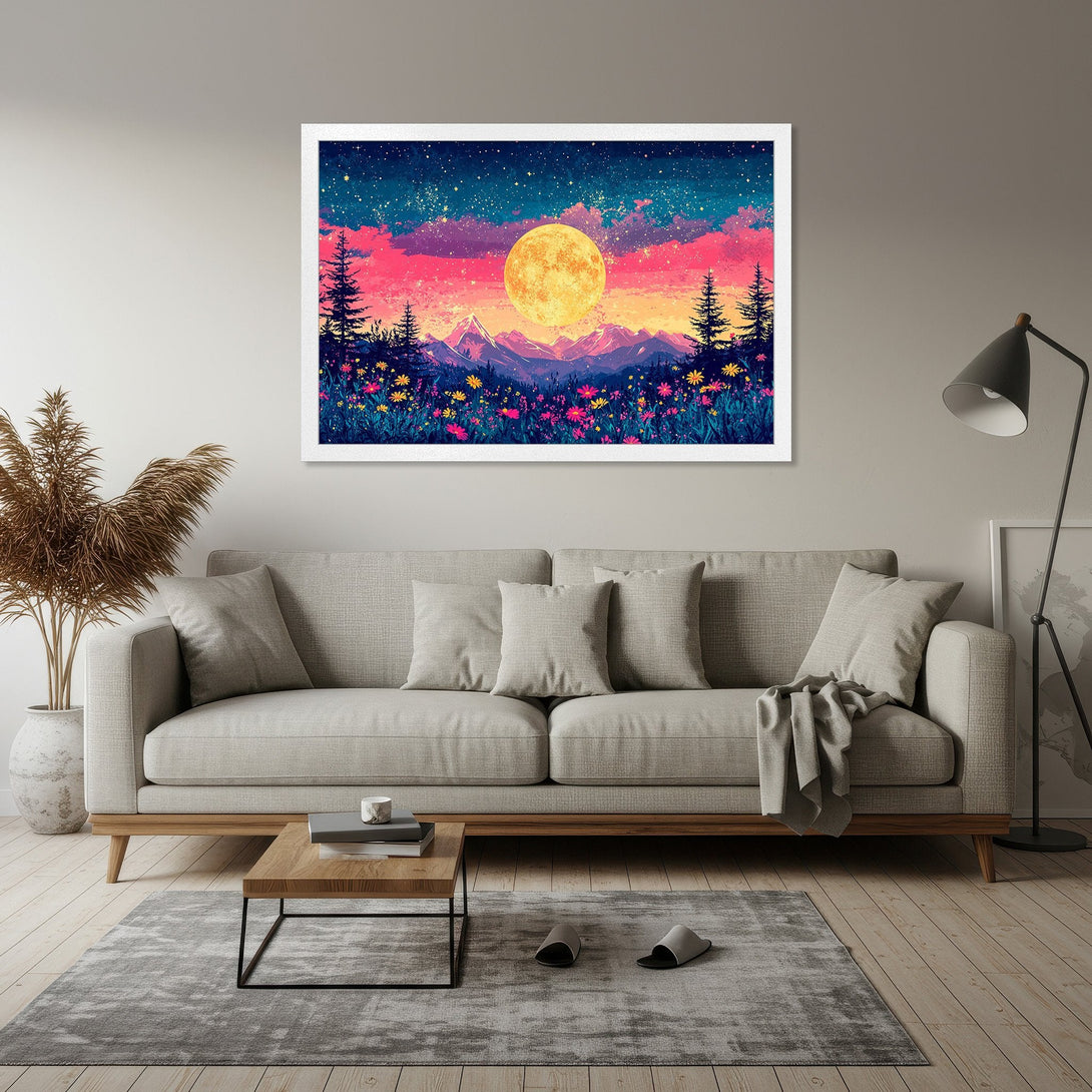 Framed Poster of a vibrant landscape with a colorful sky, mountain, and moon. Perfect wall art to brighten any space.