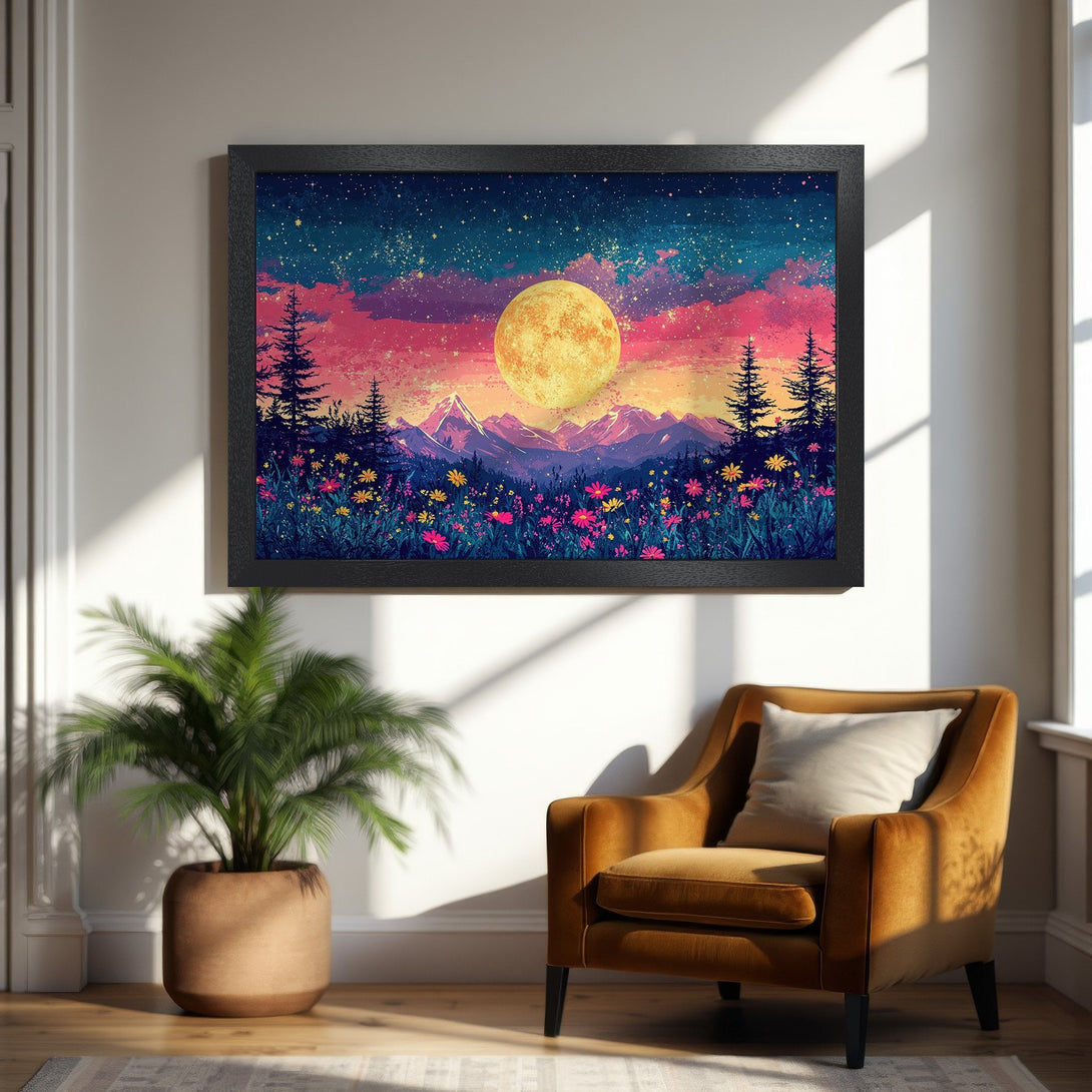 Framed Poster featuring a vibrant moonlit landscape with mountains, flowers, and a colorful sky. Artistic style, with a warm, inviting color palette.