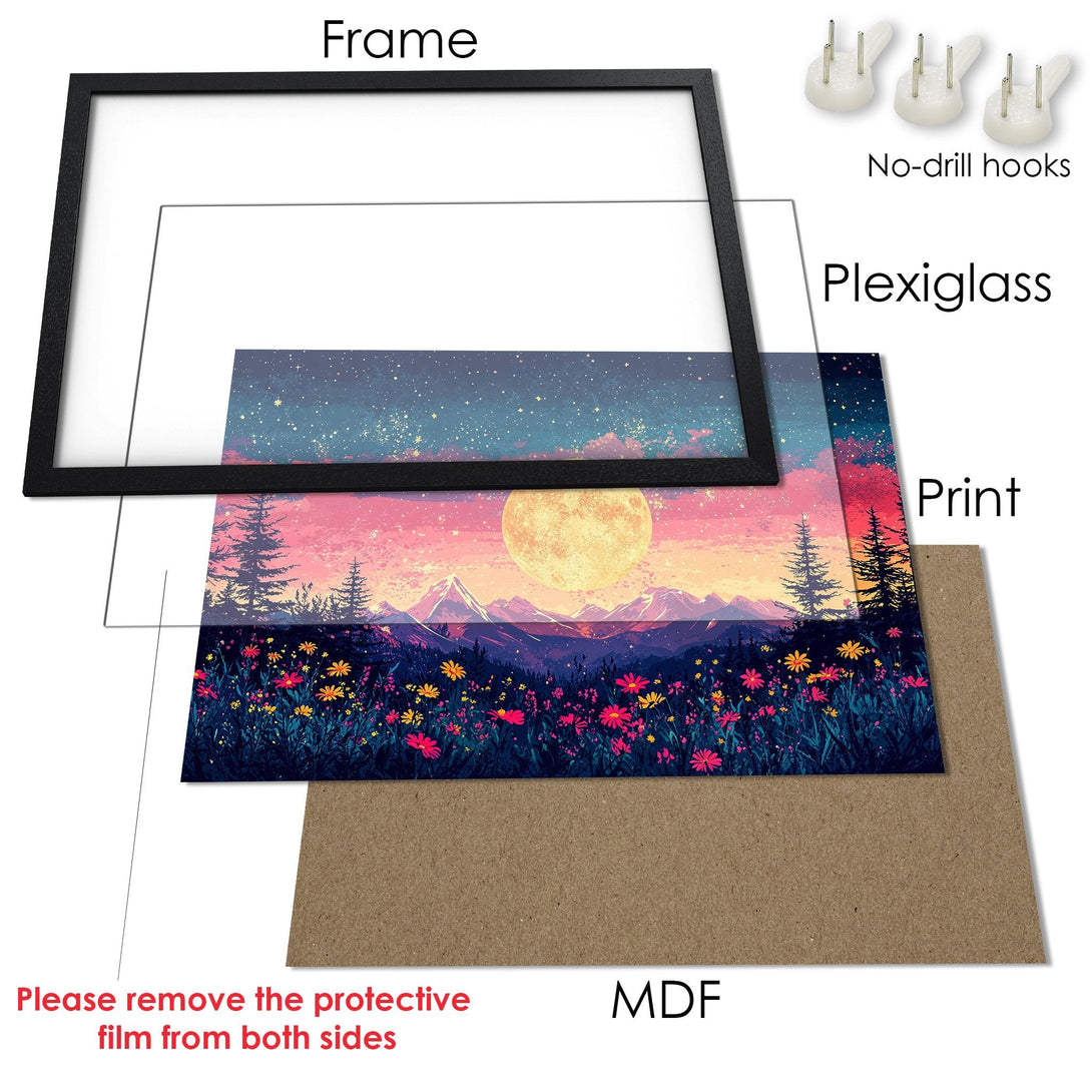 Framed Poster of a dreamy landscape. Features a vibrant color palette with pink, blue, and yellow hues. Perfect wall art for any room.