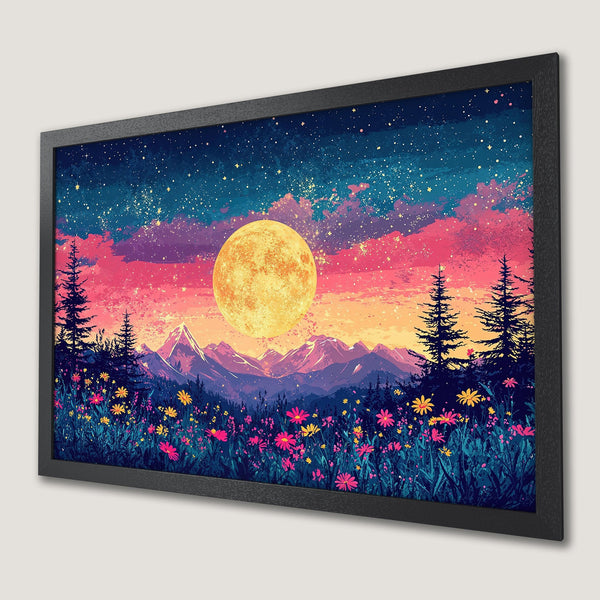 Framed Poster featuring a vibrant landscape with a moon, mountains, and flowers. Stylized art with a pink, blue, and yellow color palette.