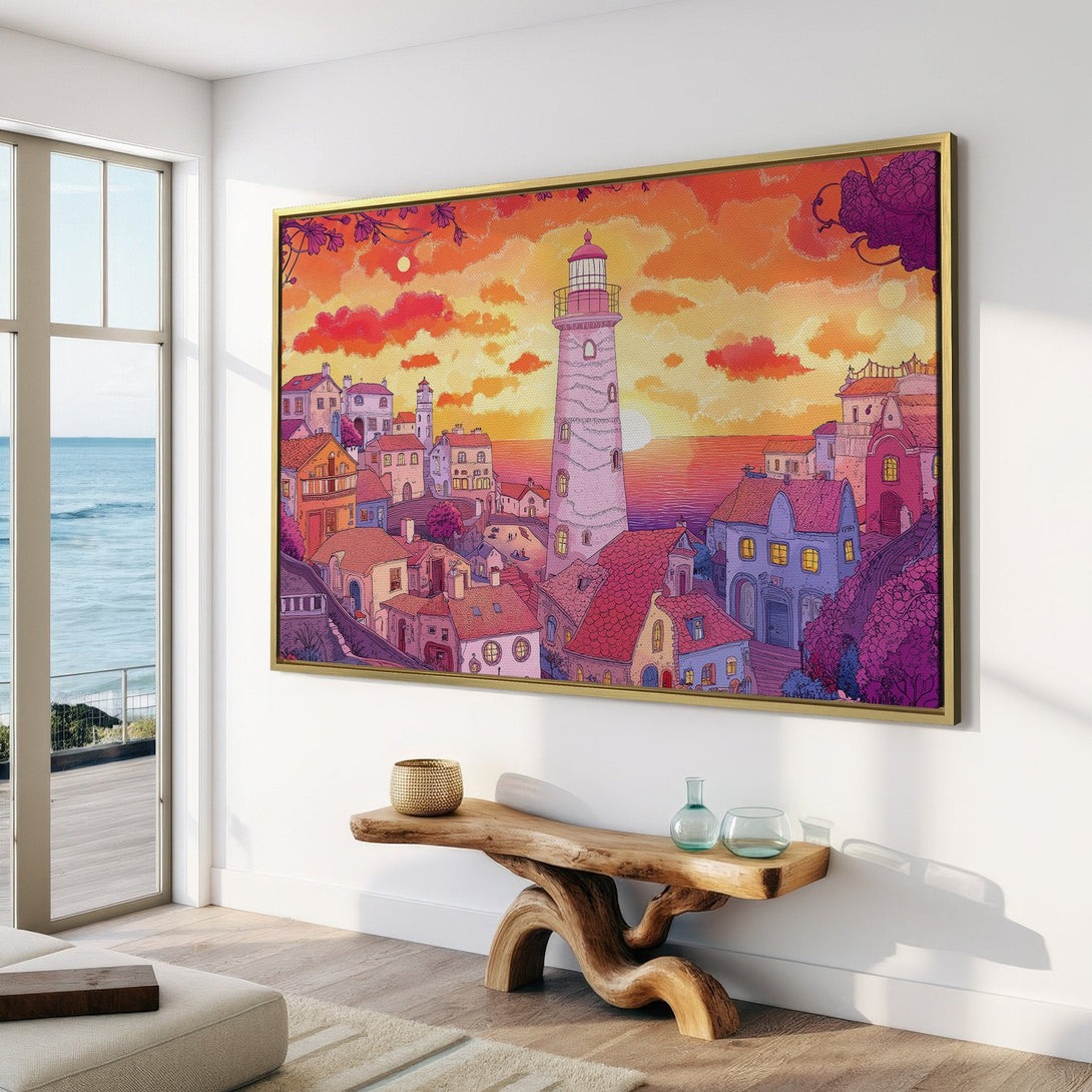 Canvas Print of a coastal town scene in a whimsical style, featuring a lighthouse. Warm sunset color palette: oranges, pinks, and purples.