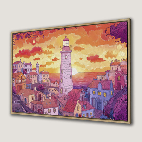 Framed Wall Art featuring a whimsical lighthouse scene at sunset. Warm orange, pink, and purple hues create a cozy, inviting atmosphere. Perfect for coastal decor!
