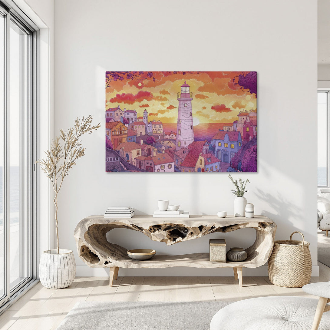 Framed Wall Art: Coastal town illustration with a lighthouse, warm orange and purple color palette, perfect for adding a touch of art to your home.