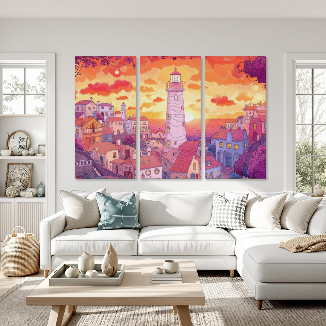 Canvas Print of a coastal town scene with a lighthouse, in a vibrant orange and purple color palette. Whimsical illustration style.