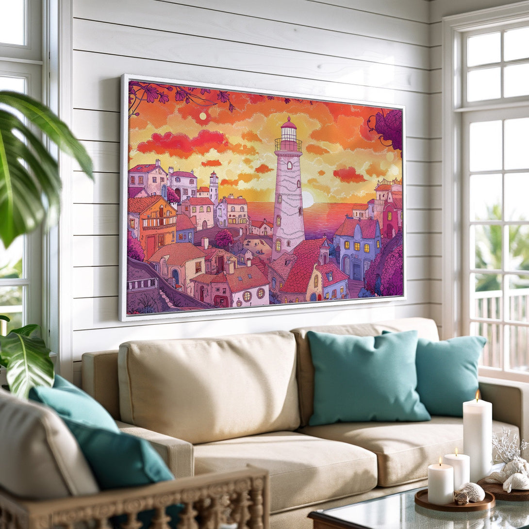 Framed Wall Art of a coastal town at sunset. Whimsical illustration style with warm orange, pink, and purple hues. Perfect for adding a pop of color!