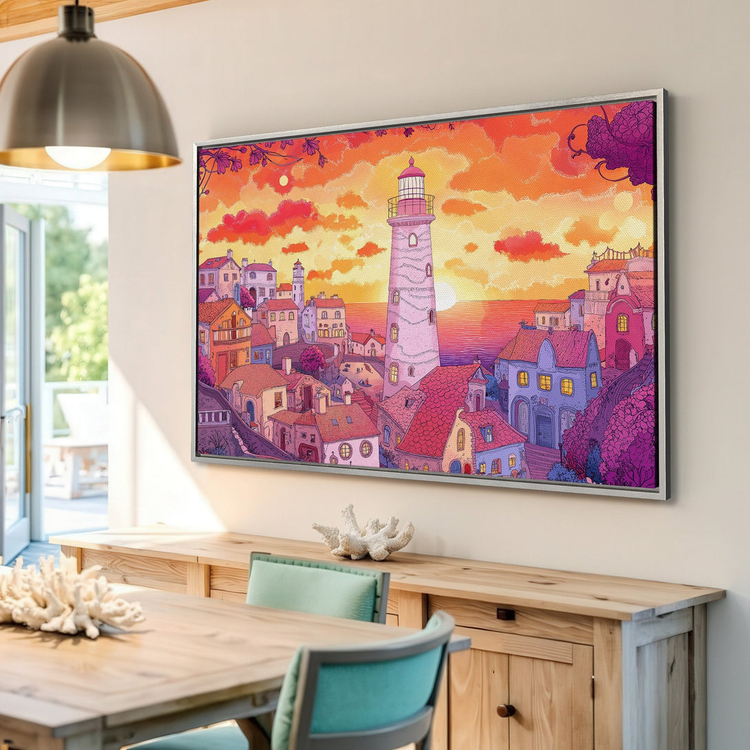 Framed Wall Art: Whimsical coastal town scene in warm orange & purple hues. Add a touch of art to your home with this vibrant canvas print!