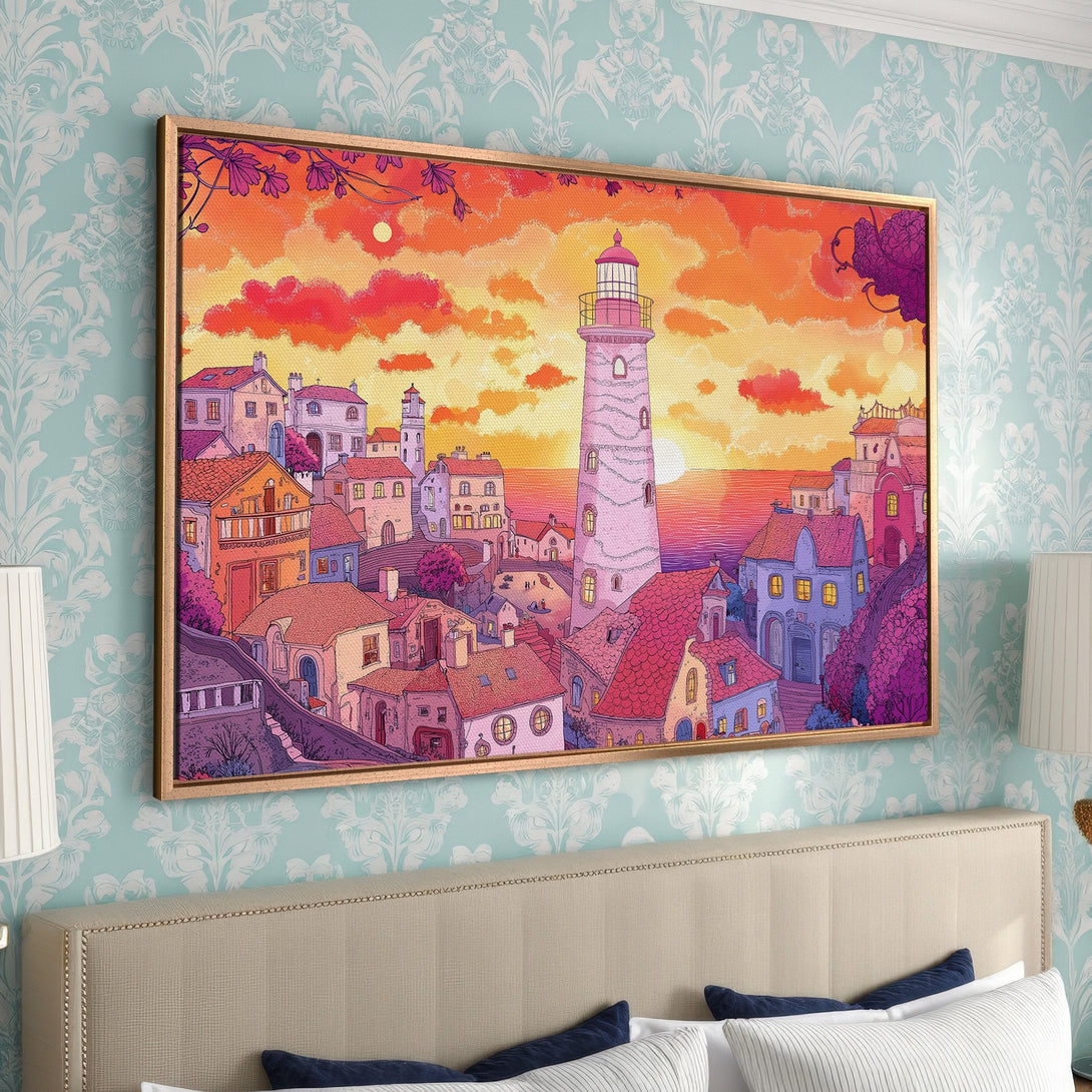 Framed Wall Art featuring a charming coastal town illustration in a vibrant, warm color palette. Perfect for adding a pop of color and style to any room!