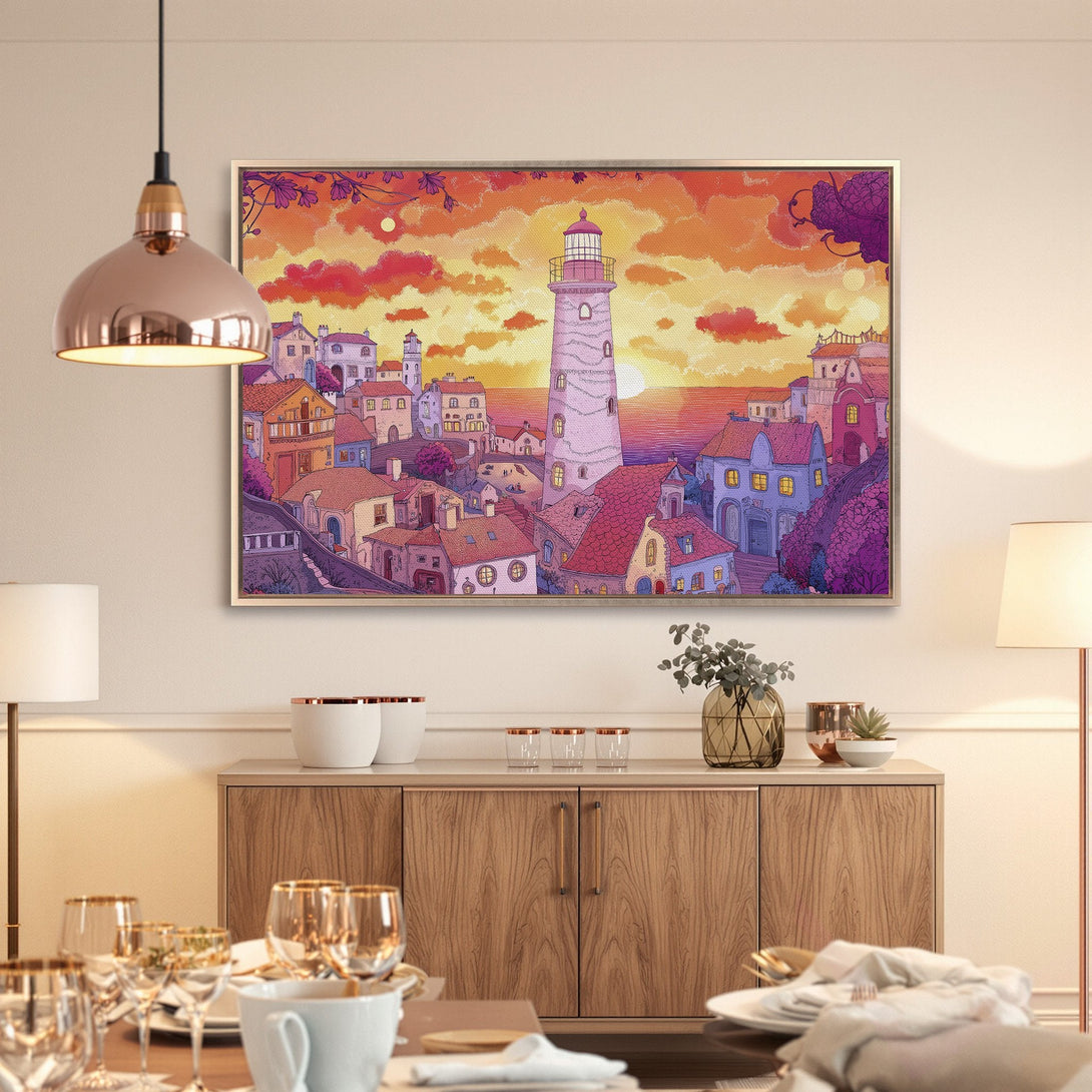 Framed Wall Art: Coastal town scene in warm sunset hues. Vibrant Canvas Print featuring a lighthouse, perfect for adding color to your space.