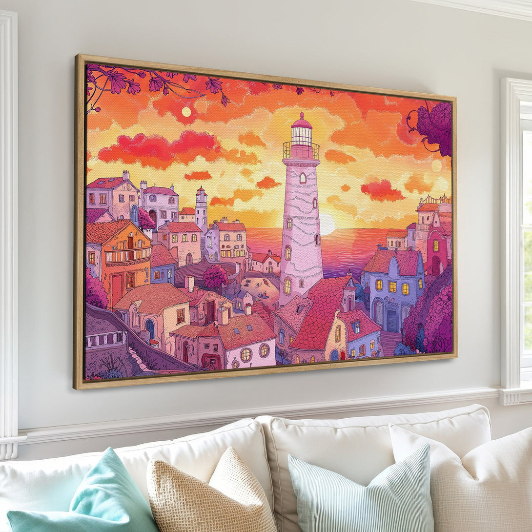 Framed Wall Art of a coastal town at sunset. Whimsical illustration style with warm orange, pink, and purple color palette. Perfect for adding a pop of color!
