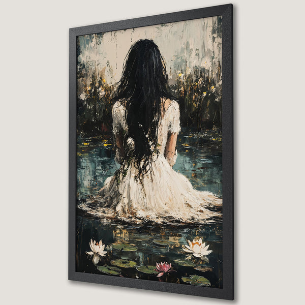 Framed Poster of a woman in a white dress, impressionistic style, dark and moody color palette. Perfect wall art for your home.